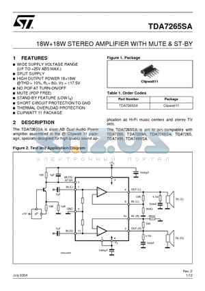 TDA7265SA datasheet - 18W18W STEREO AMPLIFIER WITH MUTE & ST-BY