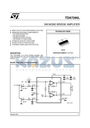 TDA7266L datasheet - 5W MONO BRIDGE AMPLIFIER