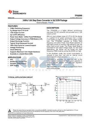 TPS62060 datasheet - 3-MHz 1.6A Step Down Converter in 2x2 SON Package