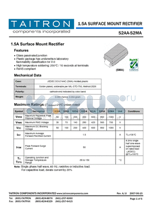 S2AA datasheet - 1.5A Surface Mount Rectifier