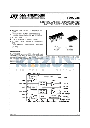 TDA7285D datasheet - STEREO CASSETTE PLAYER AND MOTOR SPEED CONTROLLER