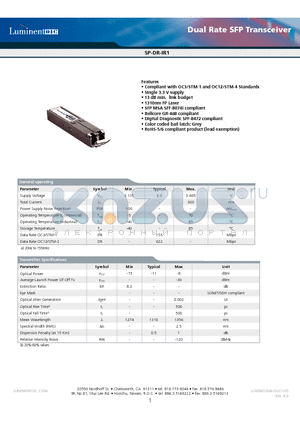 SP-DR-IR1-CNA datasheet - Dual Rate SFP Transceiver