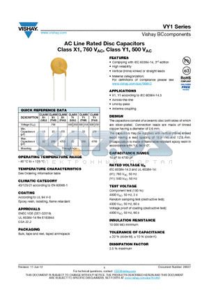VY1102M35Y5UG63V0 datasheet - AC Line Rated Disc Capacitors Class X1, 760 VAC, Class Y1, 500 VAC