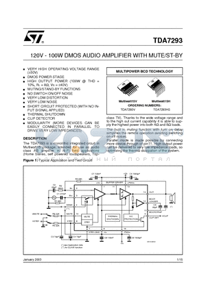 TDA7293 datasheet - 120V - 100W DMOS AUDIO AMPLIFIER WITH MUTE/ST-BY