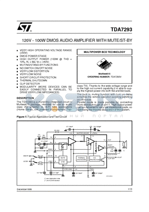 TDA7293V datasheet - 120V - 100W DMOS AUDIO AMPLIFIER WITH MUTE/ST-BY