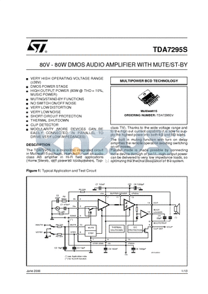 TDA7295S datasheet - 80V - 80W DMOS AUDIO AMPLIFIER WITH MUTE/ST-BY