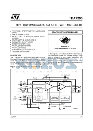 TDA7295V datasheet - 80V - 80W DMOS AUDIO AMPLIFIER WITH MUTE/ST-BY