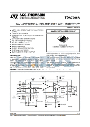 TDA7296A datasheet - 70V - 60W DMOS AUDIO AMPLIFIER WITH MUTE/ST-BY
