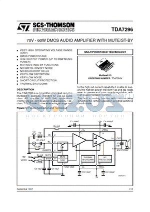 TDA7296 datasheet - 70V - 60W DMOS AUDIO AMPLIFIER WITH MUTE/ST-BY