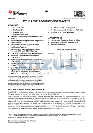 TPS62110-EP datasheet - 17 V, 1.5 A, SYNCHRONOUS STEP-DOWN CONVERTER