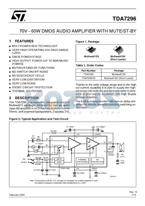 TDA7296HS datasheet - 70V - 60W DMOS AUDIO AMPLIFIER WITH MUTE/ST-BY