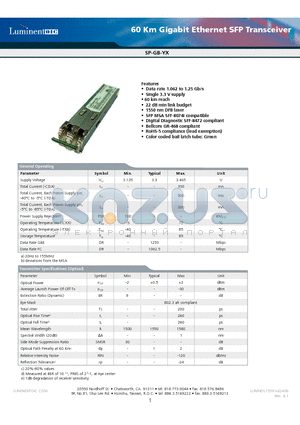 SP-GB-YX-CDA datasheet - 60 Km Gigabit Ethernet SFP Transceiver