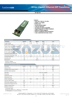 SP-GB-YX-TNA datasheet - 60 Km Gigabit Ethernet SFP Transceiver