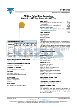 VY2101K29Y5SS6 datasheet - AC Line Rated Disc Capacitors Class X1, 440 VAC, Class Y2, 300 VAC