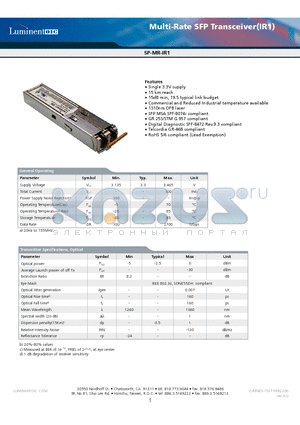 SP-MR-IR1-CDA datasheet - Multi-Rate SFP Transceiver(IR1)