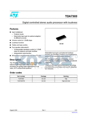 TDA7303 datasheet - Digital controlled stereo audio processor with loudness