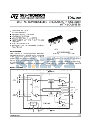 TDA7309 datasheet - DIGITAL CONTROLLED STEREO AUDIO PROCESSOR WITH LOUDNESS