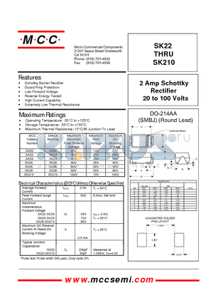 SK25 datasheet - 2 Amp Schottky Rectifier 20 to 100 Volts