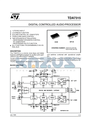 TDA7315D datasheet - DIGITAL CONTROLLED AUDIO PROCESSOR