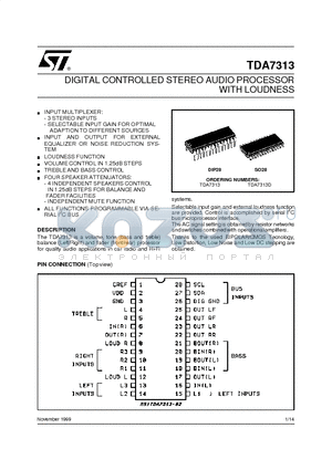 TDA7313D datasheet - DIGITAL CONTROLLED STEREO AUDIO PROCESSOR WITH LOUDNESS