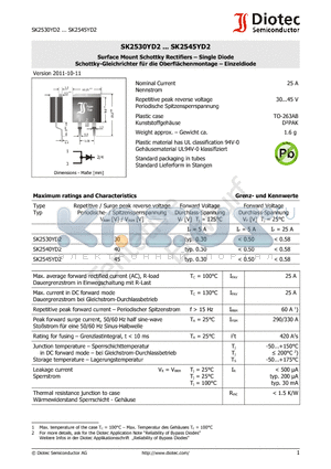 SK2530YD2 datasheet - Surface Mount Schottky Rectifiers  Single Diode