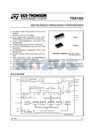 TDA7326 datasheet - AM-FM RADIO FREQUENCY SYNTHESIZER