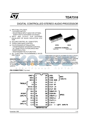 TDA7318 datasheet - DIGITAL CONTROLLED STEREO AUDIO PROCESSOR