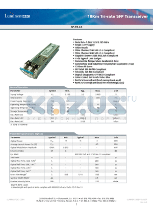 SP-TR-LX-CNA datasheet - 10Km Tri-rate SFP Transceiver