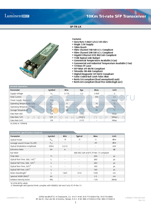 SP-TR-LX-CDC datasheet - 10Km Tri-rate SFP Transceiver