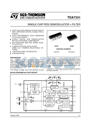 TDA7331D datasheet - SINGLE CHIP RDS DEMODULATOR FILTER