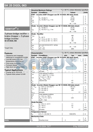 SK25DGDL063 datasheet - 3-phase bridge rectifier  brake chopper  3-phase bridge inverter