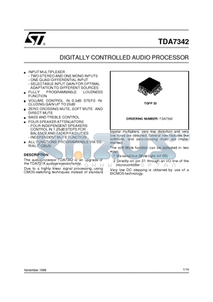 TDA7342 datasheet - DIGITALLY CONTROLLED AUDIO PROCESSOR