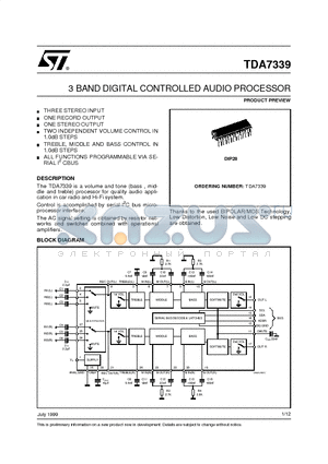 TDA7339 datasheet - 3 BAND DIGITAL CONTROLLED AUDIO PROCESSOR