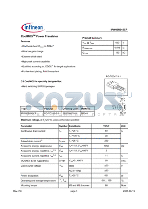 SP000067149 datasheet - CoolMOS Power Transistor