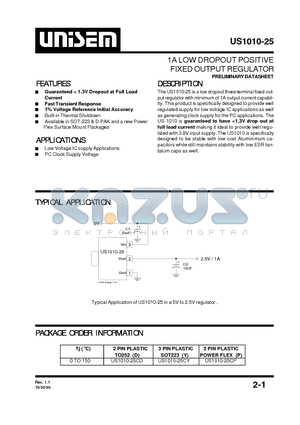 US1010-25 datasheet - 1A LOW DROPOUT POSITIVE FIXED OUTPUT REGULATOR