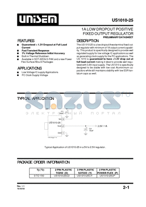 US1010-25CY datasheet - 1A LOW DROPOUT POSITIVE FIXED OUTPUT REGULATOR