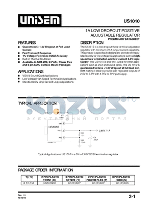 US1010CD datasheet - 1A LOW DROPOUT POSITIVE ADJUSTABLE REGULATOR