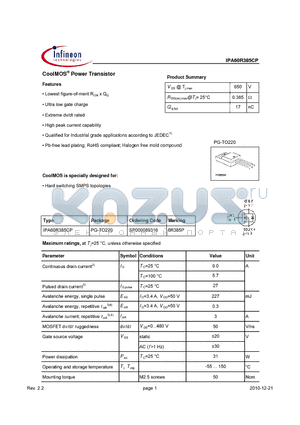 SP000089316 datasheet - CoolMos Power Transistor