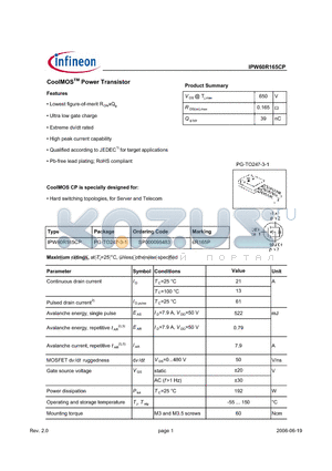 SP000095483 datasheet - CoolMOS Power Transistor