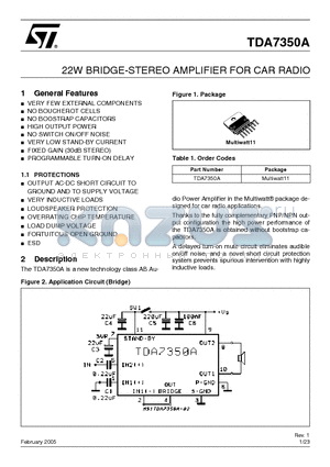 TDA7350A datasheet - 22W BRIDGE-STEREO AMPLIFIER FOR CAR RADIO