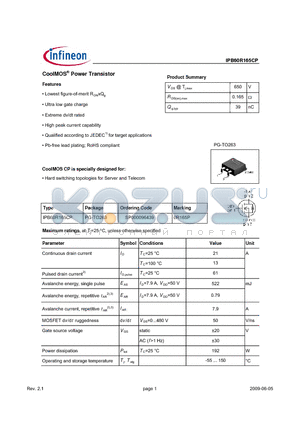 SP000096439 datasheet - CoolMOS Power Transistor