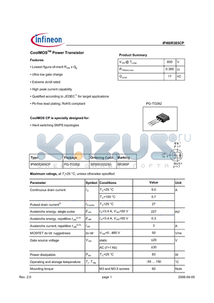 SP000103250 datasheet - CoolMOS Power Transistor