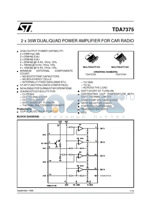 TDA7375V datasheet - 2 x 35W DUAL/QUAD POWER AMPLIFIER FOR CAR RADIO
