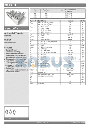 SK25UT16 datasheet - Antiparallel Thyristor Module