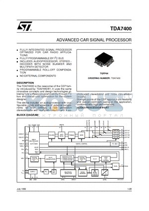 TDA7400 datasheet - ADVANCED CAR SIGNAL PROCESSOR