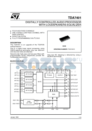 TDA7401 datasheet - DIGITALLY CONTROLLED AUDIO PROCESSOR WITH LOUDSPEAKERS EQUALIZER