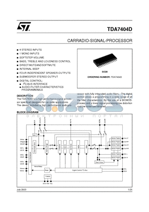 TDA7404 datasheet - CARRADIO-SIGNAL-PROCESSOR