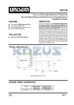 US1176 datasheet - 7.5A ULTRA LOW DROPOUT POSITIVE ADJUSTABLE REGULATOR WITH SHUTDOWN INPUT