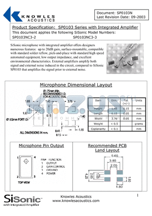 SP0103NC3 datasheet - Product Specification: SP0103 Series with Integrated Amplifier