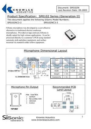 SP0102NC3-2 datasheet - surface mounted via standard solder reflow equipment